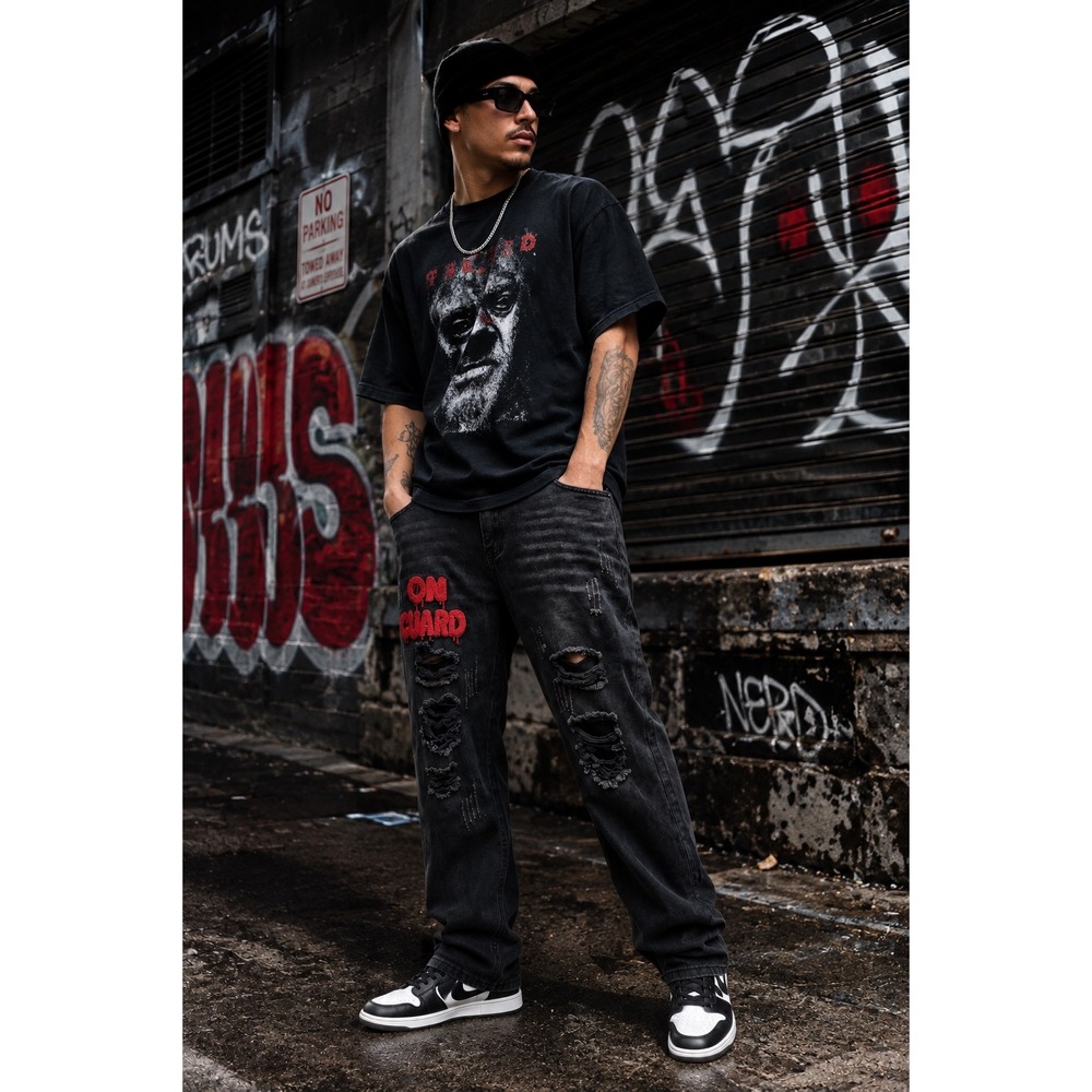 Men's Size 38 ON GUARD Distressed Black Jeans Embroidered Streetwear Grunge